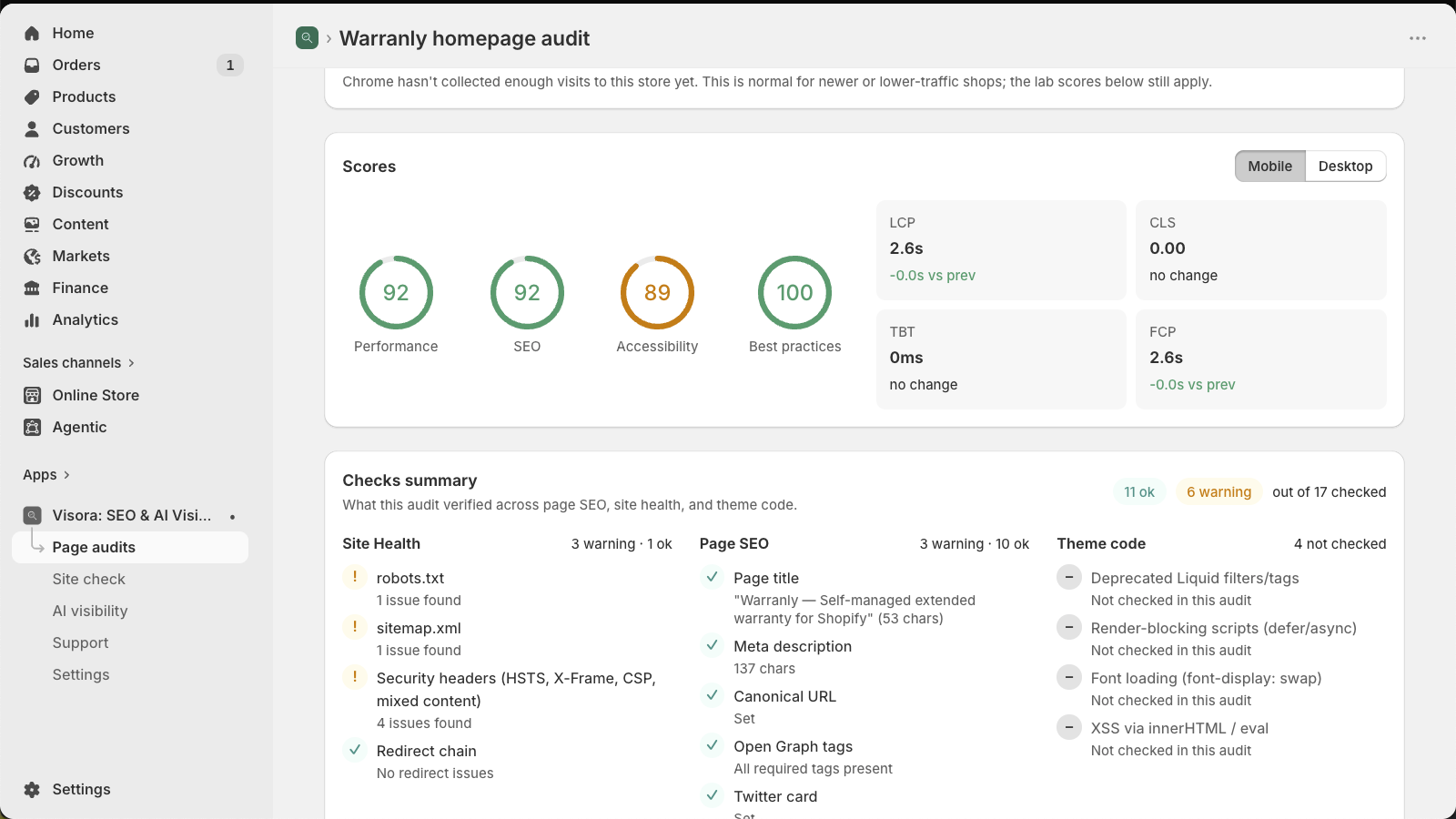 Page scores with lab metrics and change since the last audit
