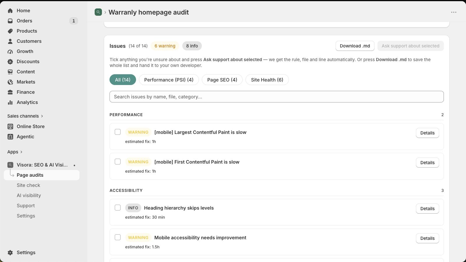 The issues found, filtered by category, exportable as Markdown